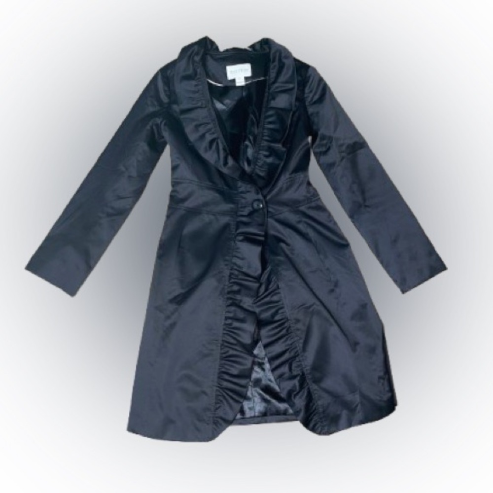 White House Black Market Satin Ruffle Black Dress Coat Size 00